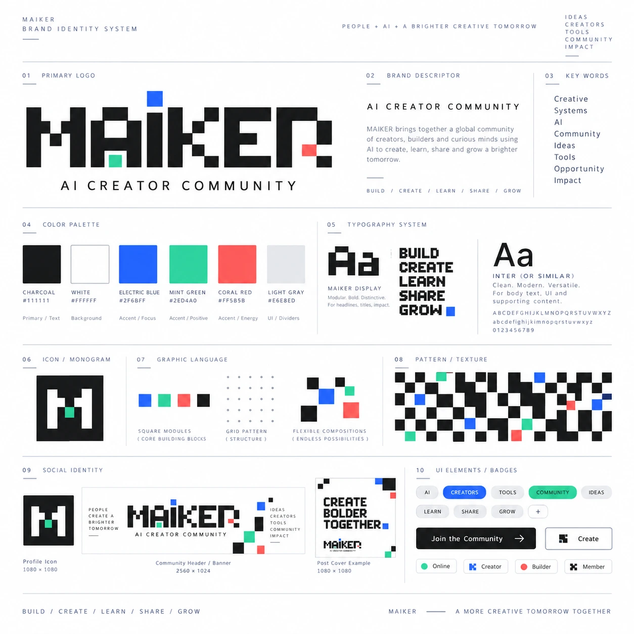 MAIKER 早期品牌識別提案,包含點陣標準字、色票與應用示意
