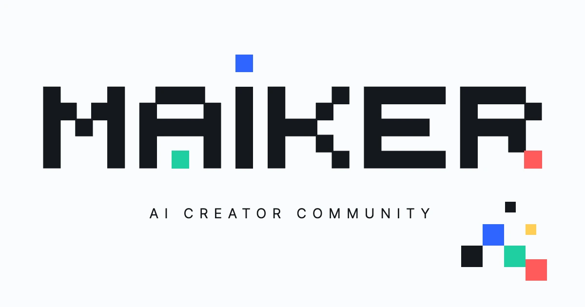 MAIKER 社群封面,保留大型點陣 Logo、英文副標與右下彩色色塊